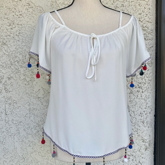 Have White Pom Pom Off The Shoulder Blouse SMALL - Picture 4 of 13